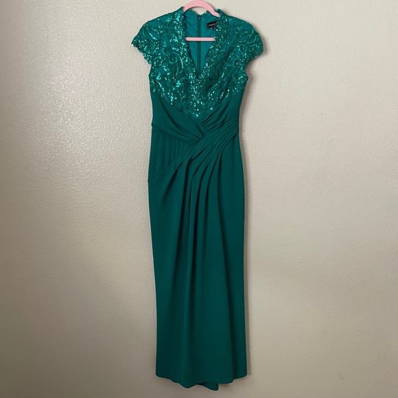 Tadashi Shoji Dress Womens Size 6 Green Sequin Lace Draped Maxi Gown Formal - Picture 3 of 12
